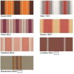 Eine Sammlung von Farben- und Stoffmustern mit unterschiedlichen Mustern und Namen für die Inneneinrichtung oder Auswahlzwecke.
