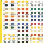 Eine Farbkarte mit verschiedenen Farbmustern mit entsprechenden Codes und Namen, die eine Reihe von Farbtönen und Farben veranschaulichen.