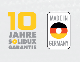 Eine Grafik, die eine 10-Jahres-Garantie und das Qualitätssiegel „Made in Germany“ verdeutlicht.
